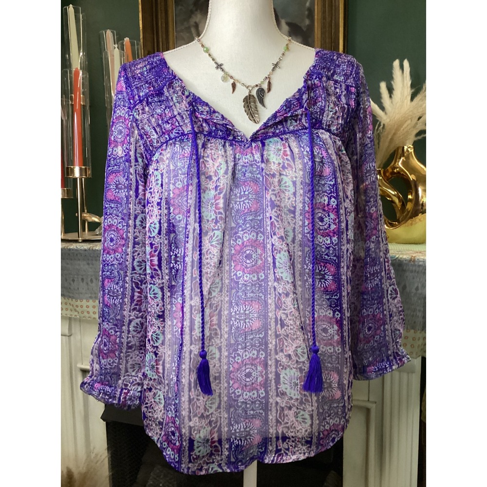 American Eagle Purple Sheer Paisley Metallic Peasant Blouse Small S/P‎